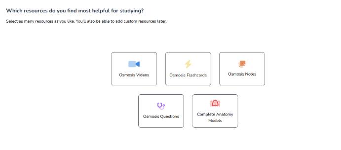 Osmosis.org style illustration of a study-planning interface asking learners to select their preferred study resources, with options for Osmosis videos, flashcards, notes, questions, and Complete Anatomy models.