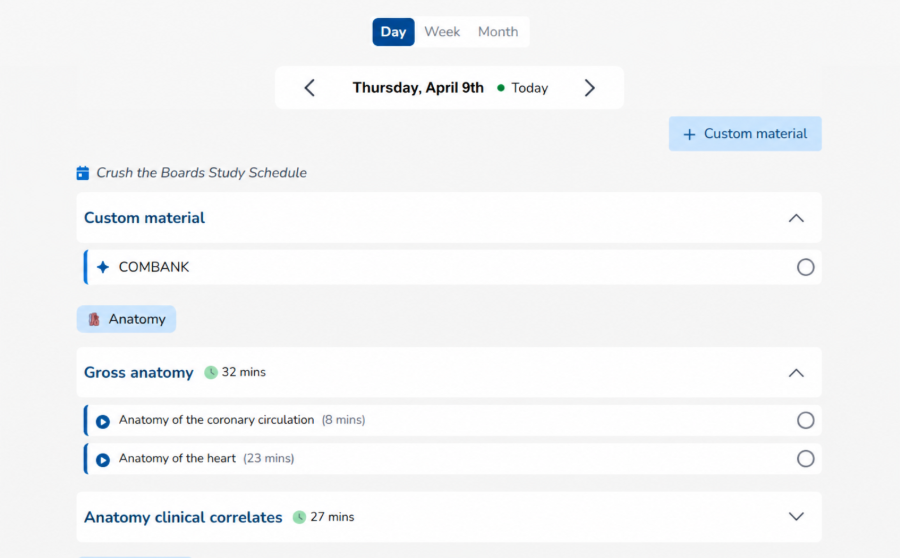 Osmosis.org style illustration of a daily study schedule interface showing custom study material and anatomy assignments, including gross anatomy lessons on coronary circulation and heart anatomy with estimated completion times.