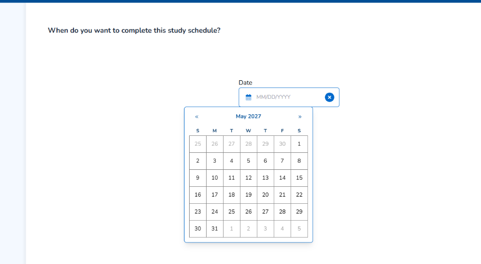 Osmosis.org style illustration of a study-planning interface prompting the learner to choose a completion date, with a calendar date picker open to May 2027.