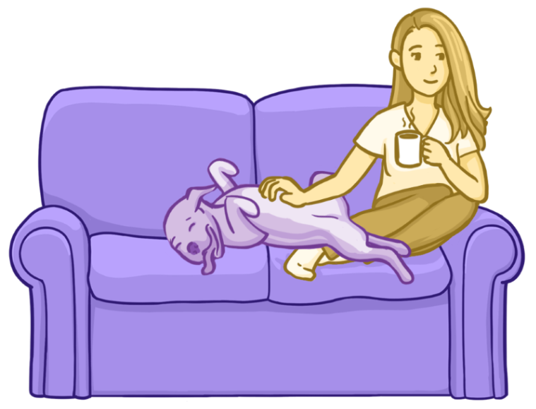 Osmosis.org style illustration of a person relaxing on a couch with a cup while petting a dog lying beside them, representing rest, relaxation, and taking a break.