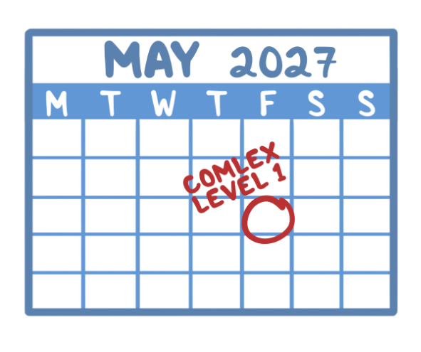 Osmosis.org style illustration of a May 2027 calendar with a date circled and labeled “COMLEX Level 1,” representing scheduling or planning for the COMLEX Level 1 exam.