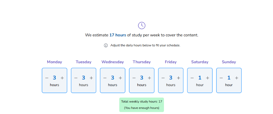 Osmosis.org style illustration of a study-planning interface estimating 17 study hours per week, with adjustable daily hours set to three hours Monday through Friday and one hour each on Saturday and Sunday.