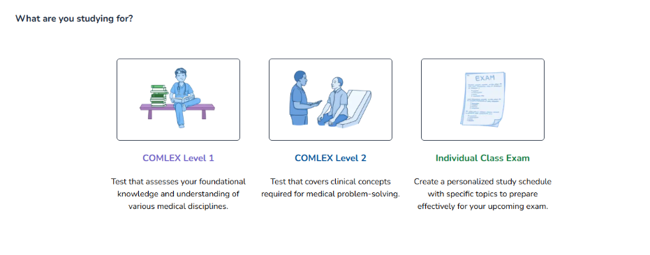 Osmosis.org style illustration of a study-planning interface asking what the learner is studying for, with options for COMLEX Level 1, COMLEX Level 2, or an individual class exam.