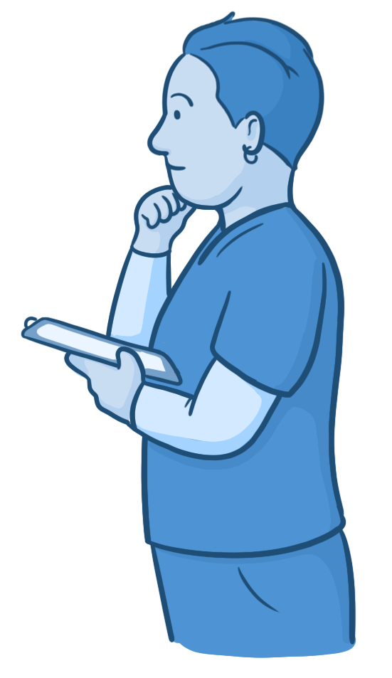 Osmosis.org style illustration of a healthcare professional in scrubs holding a tablet while resting a hand on their chin in a thoughtful pose.