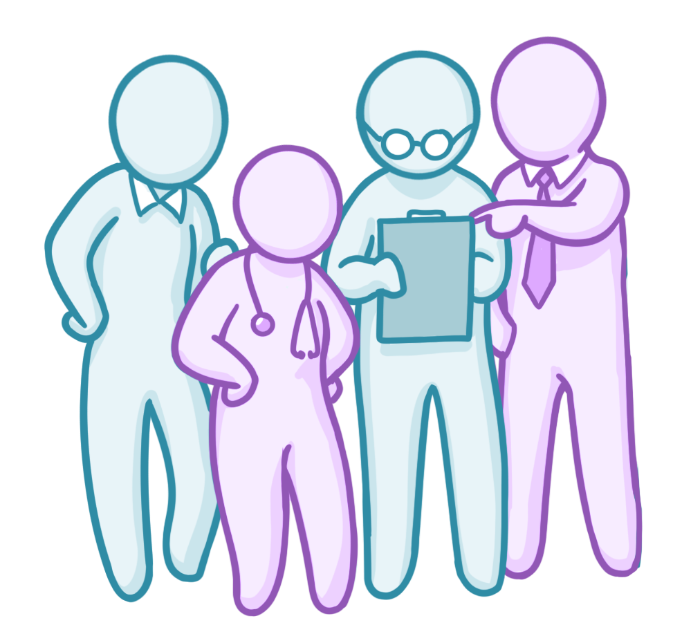 Osmosis.org style illustration of four healthcare professionals standing together, including one wearing a stethoscope and another holding a clipboard.