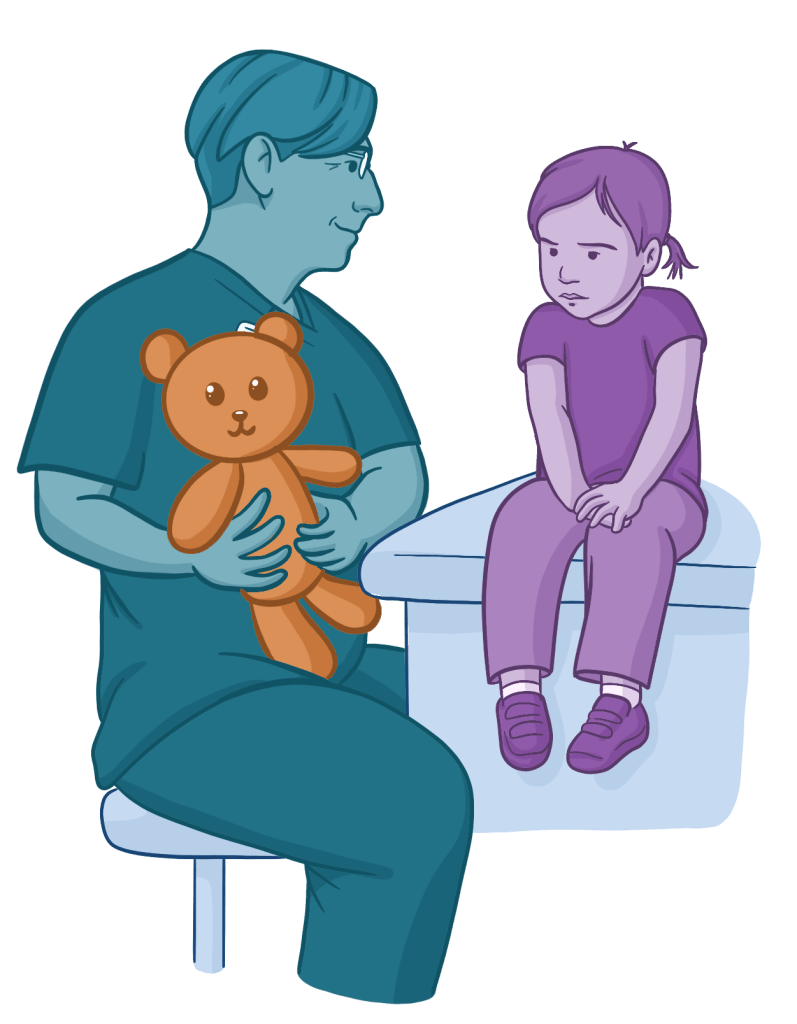 Osmosis.org style illustration of a pediatric healthcare professional holding a teddy bear while speaking with a worried young child seated on an examination table, representing compassionate pediatric care and helping children feel comfortable during medical visits.