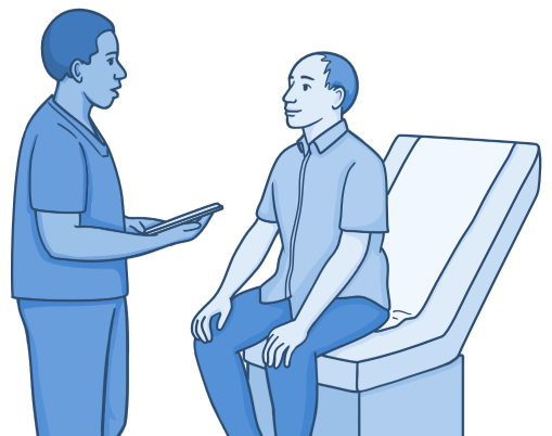 Osmosis.org style illustration of a healthcare professional holding a tablet while speaking with a patient seated on an examination table during a medical consultation.