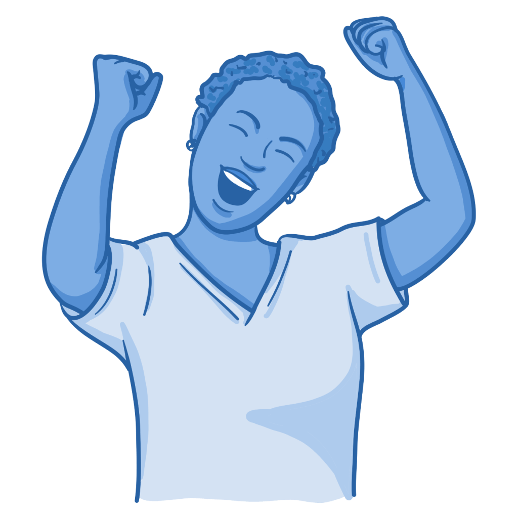 Osmosis.org style illustration of a medical student celebrating academic success, expressing excitement and accomplishment after achieving a study goal or passing an exam.