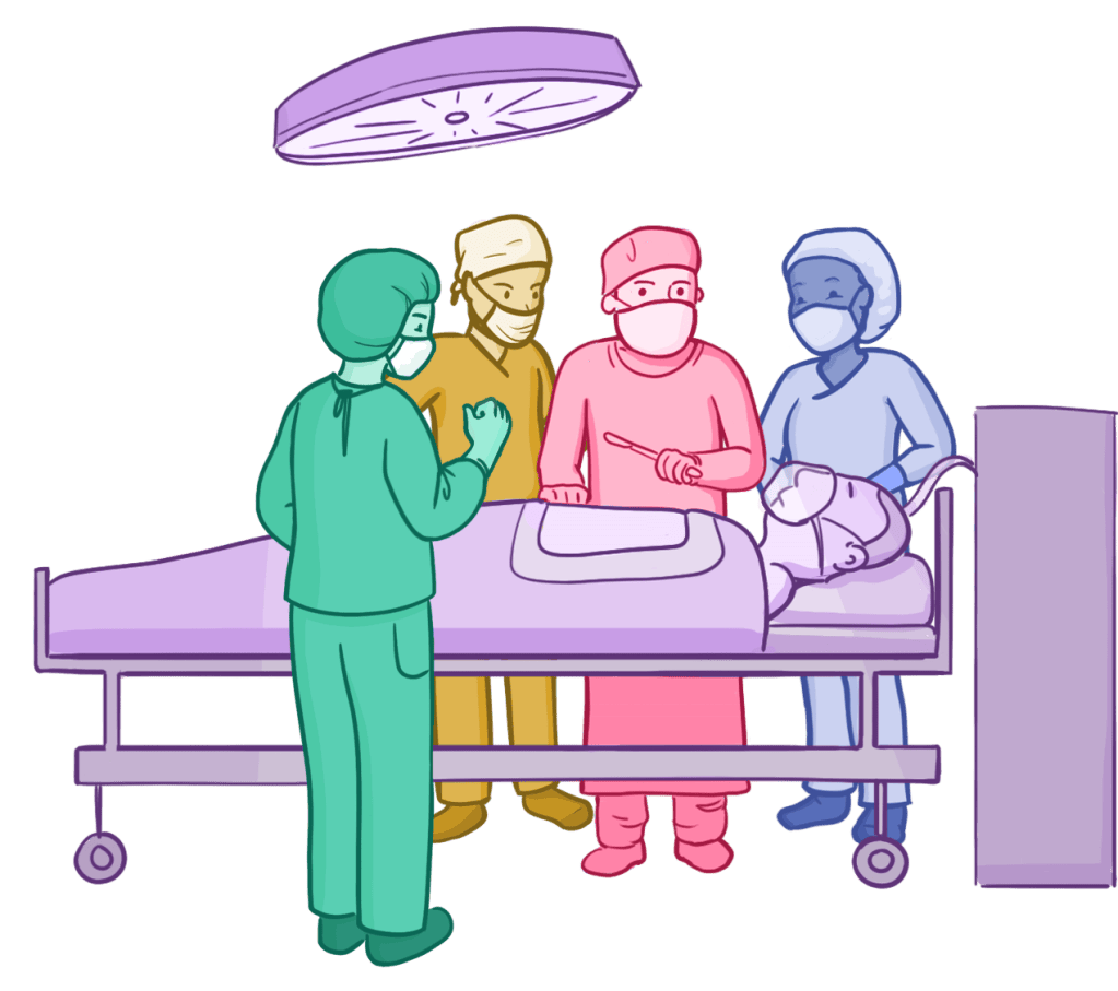 Osmosis.org style illustration of four healthcare professionals wearing surgical scrubs, caps, and masks gathered around a patient on an operating table beneath an overhead surgical light, representing teamwork during a surgical procedure.