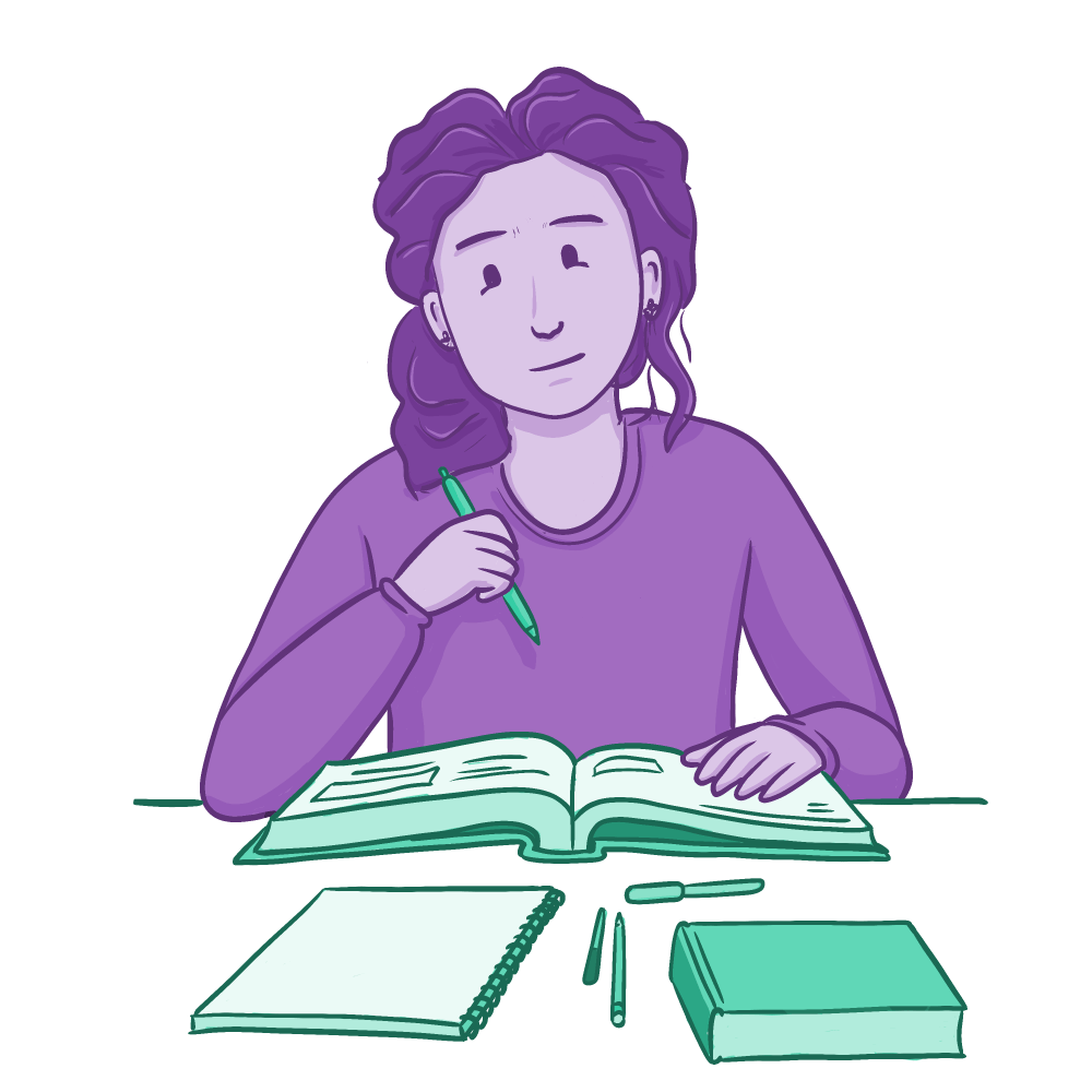 Student smiling while studying with a textbook at a desk with pens, notebook and another closed book