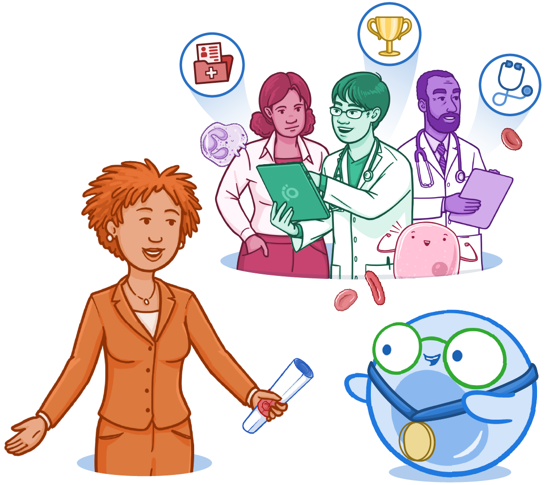 Osmosis mascot with a female educator holding a diploma, with diverse medical professionals and icons for awards, clinical records, and stethoscopes — representing recognized excellence in healthcare education.