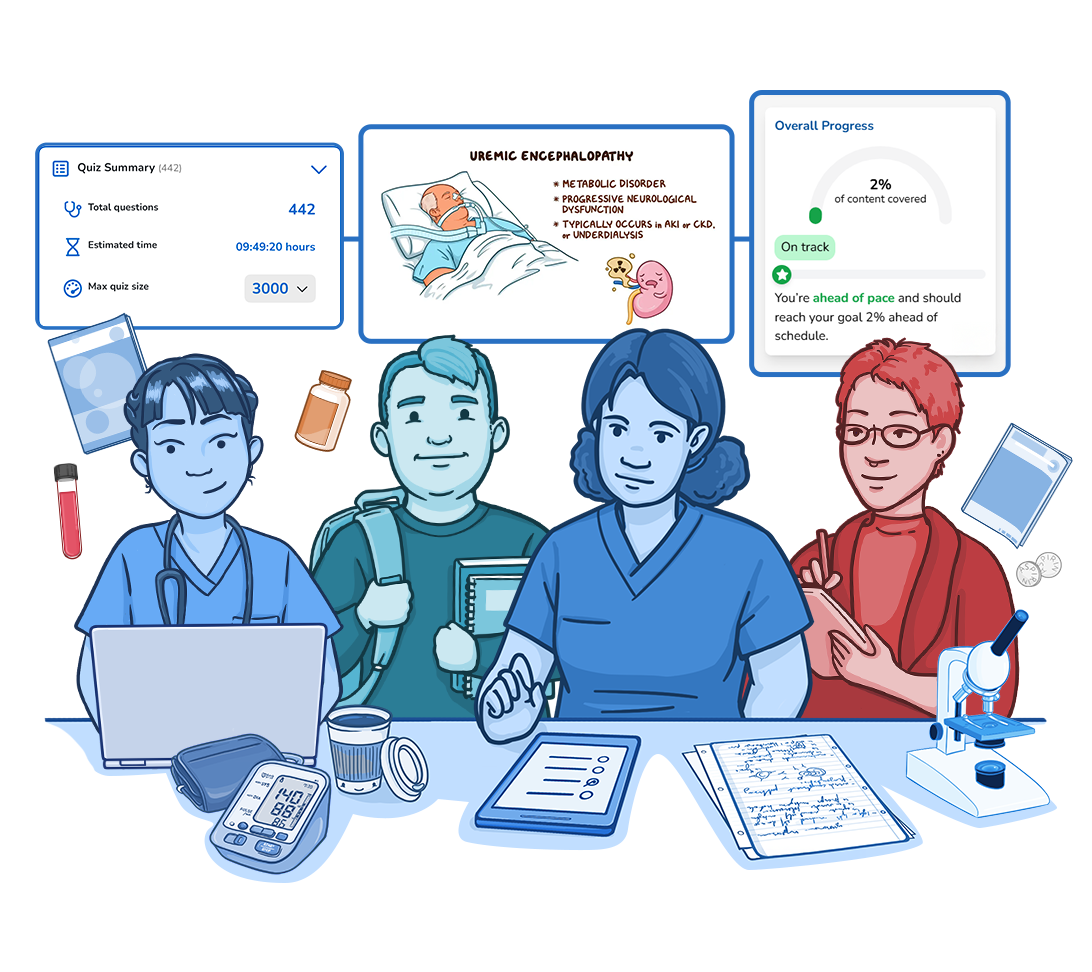 Illustration of a group of nursing students and healthcare learners studying together for the NCLEX exam. The scene includes laptops, tablets, notes, a microscope, medications, a blood pressure monitor, and a study card on uremic encephalopathy. Progress-tracking and quiz-summary dashboards appear above them, emphasizing personalized study plans, exam preparation, and collaborative learning in nursing education.