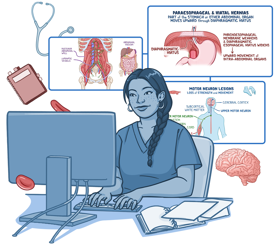 Illustration of a healthcare student or professional studying at a computer workstation. Surrounding the learner are educational diagrams on topics including paraesophageal and hiatal hernias, posterior abdominal anatomy, and motor neuron lesions, along with symbols such as a stethoscope, brain, red blood cells, and study materials. The image conveys medical education, exam preparation, and clinical knowledge development.
