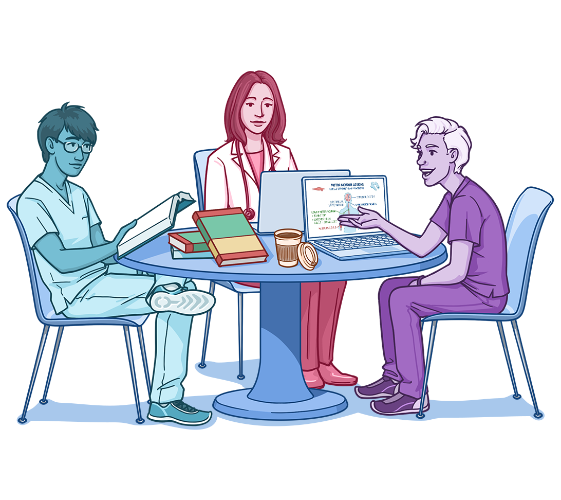 Illustration of three people gathered around a table for a collaborative medical study session. One learner reads from a textbook, another presents information on a laptop displaying a medical diagram, and an instructor or mentor sits with them. Books, laptops, and a coffee cup on the table suggest group learning, exam preparation, and mentorship in a healthcare education setting.