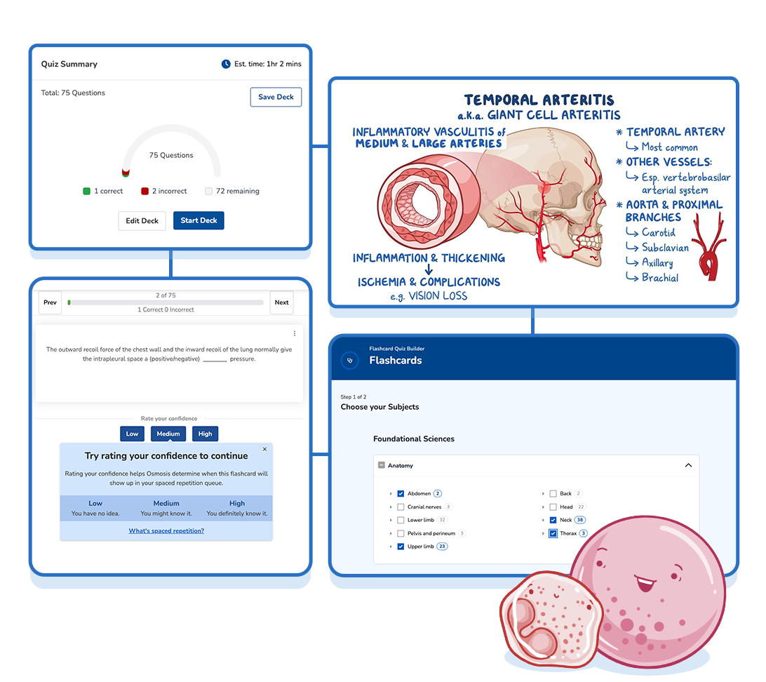 Promotional graphic for a medical education platform showing flashcard and quiz features. The image includes a quiz summary dashboard, a flashcard question interface with confidence rating options, a flashcard builder with selectable anatomy topics, and a study card on temporal arteritis (giant cell arteritis). A cartoon cell character appears in the corner, emphasizing interactive learning, spaced repetition, and exam preparation for medical students.