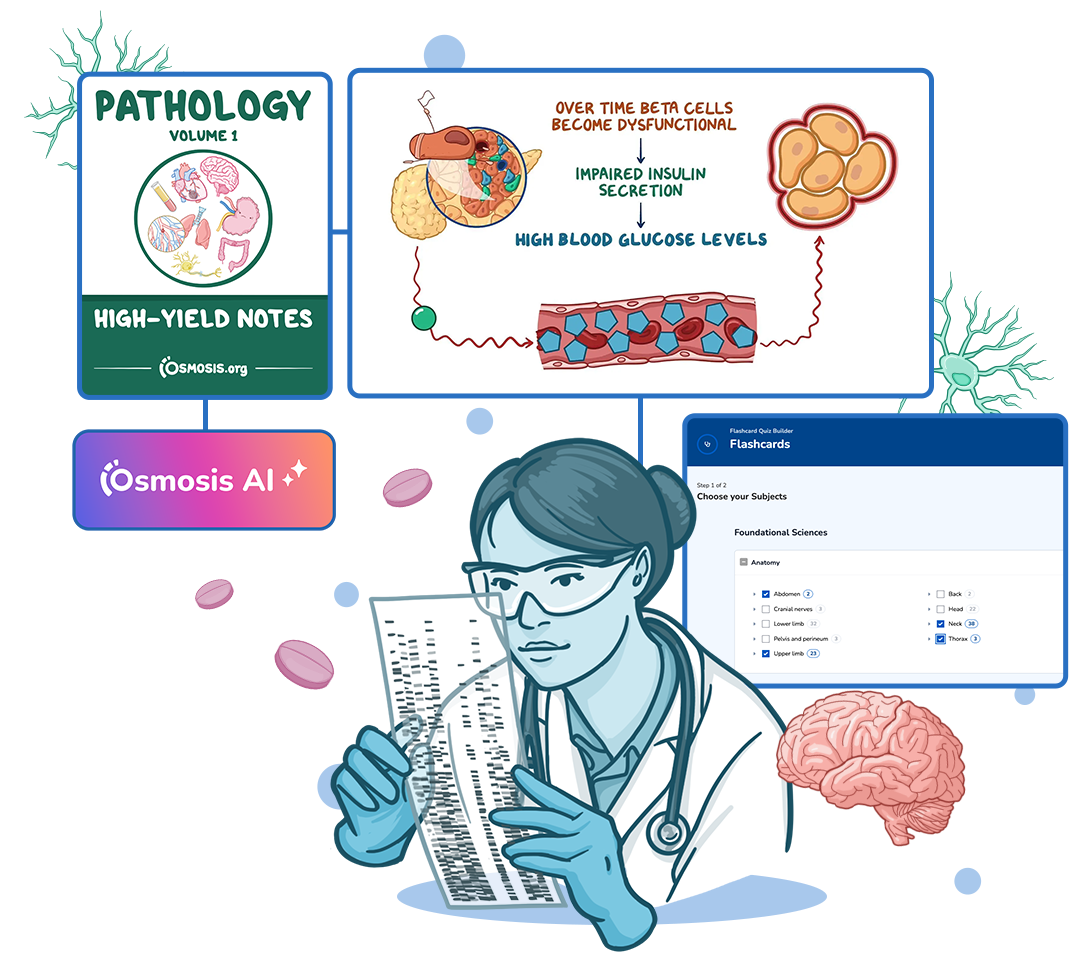Illustration of a healthcare professional in a white coat reviewing patient information while surrounded by medical learning resources. The image includes pathology study materials, a diagram showing type 2 diabetes pathophysiology, a flashcard-builder interface, an Osmosis AI logo, and icons representing the brain, medications, and neuroscience. The scene conveys healthcare education, clinical reasoning, and lifelong learning for medical professionals.