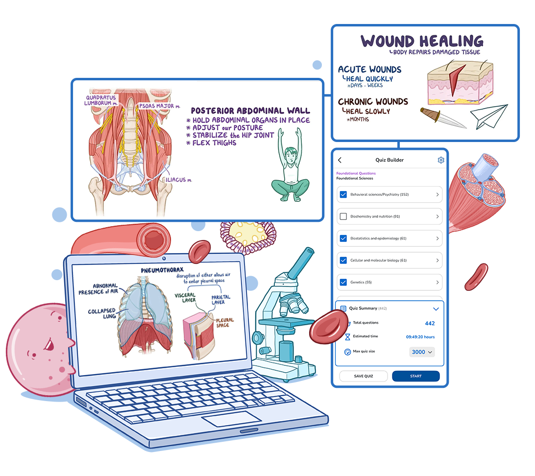 Illustration promoting healthcare education and exam preparation. A laptop displays a lesson on pneumothorax, while surrounding panels show topics including posterior abdominal wall anatomy, wound healing, and a quiz builder with customizable question banks. Medical imagery such as a microscope, muscle tissue, blood vessels, red blood cells, and a cartoon cell character emphasize anatomy, pathology, and clinical learning for healthcare trainees.