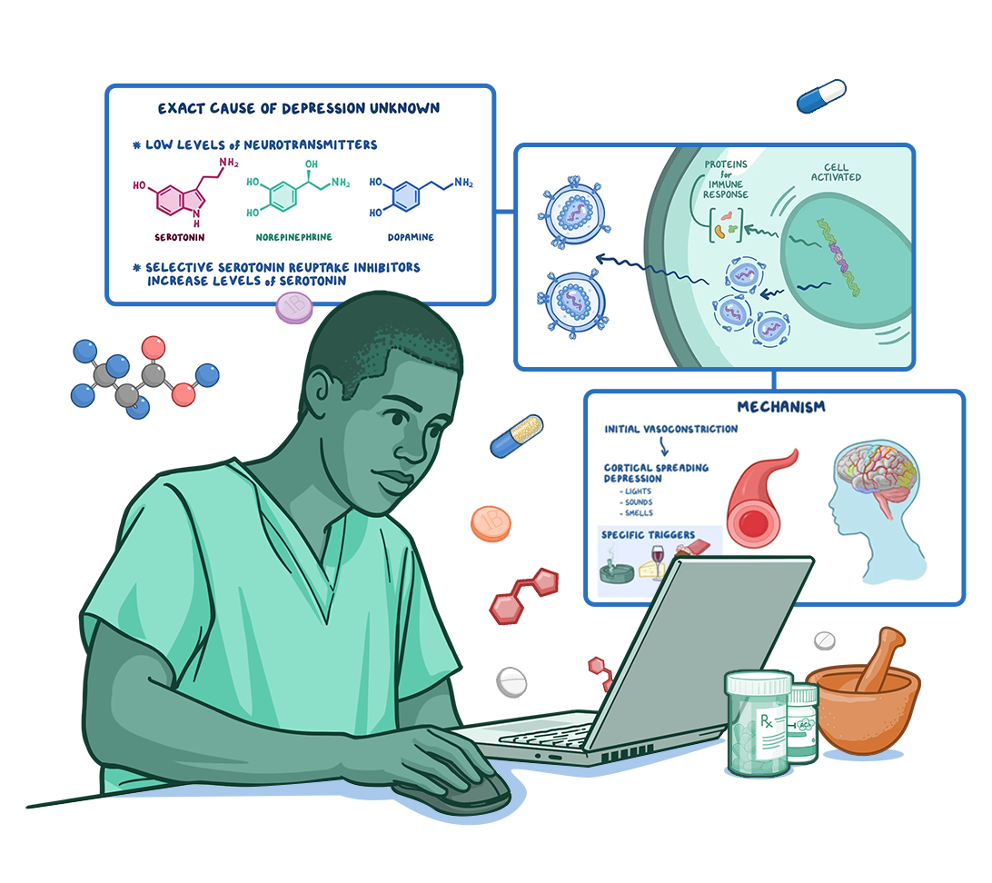 Illustration of a pharmaceutical professional using a laptop while studying pharmacology and disease mechanisms. Surrounding educational panels depict neurotransmitters associated with depression, immune-cell activation, and a biological mechanism diagram. Pills, prescription bottles, molecular structures, and a mortar and pestle emphasize medication science, drug therapy, and pharmaceutical education.
